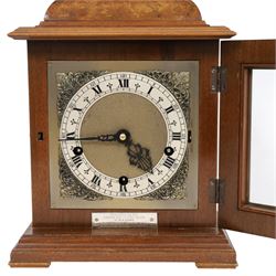  English burr walnut cased eight day chime bracket clock, with brass knopped carrying handle, with white chapter ring dial surrounded by four brass spandrels,  H30cm