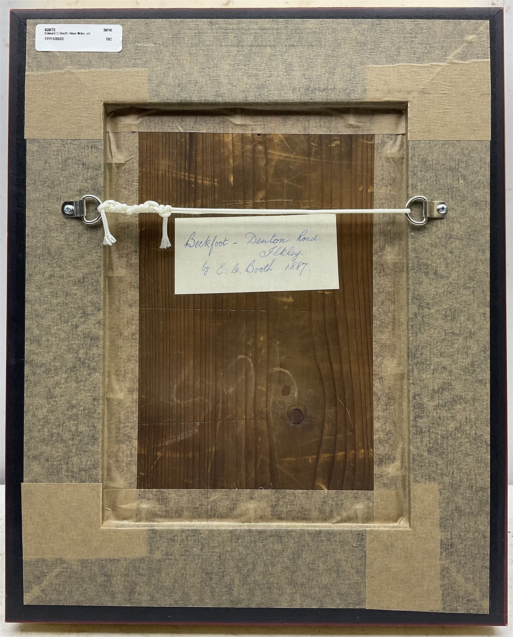 Edward C Booth (British 1821-post1893): 'Beckfoot - Denton Road Ilkley', oil on board signed and dated 1887, titled on label verso 25cm x 17cm