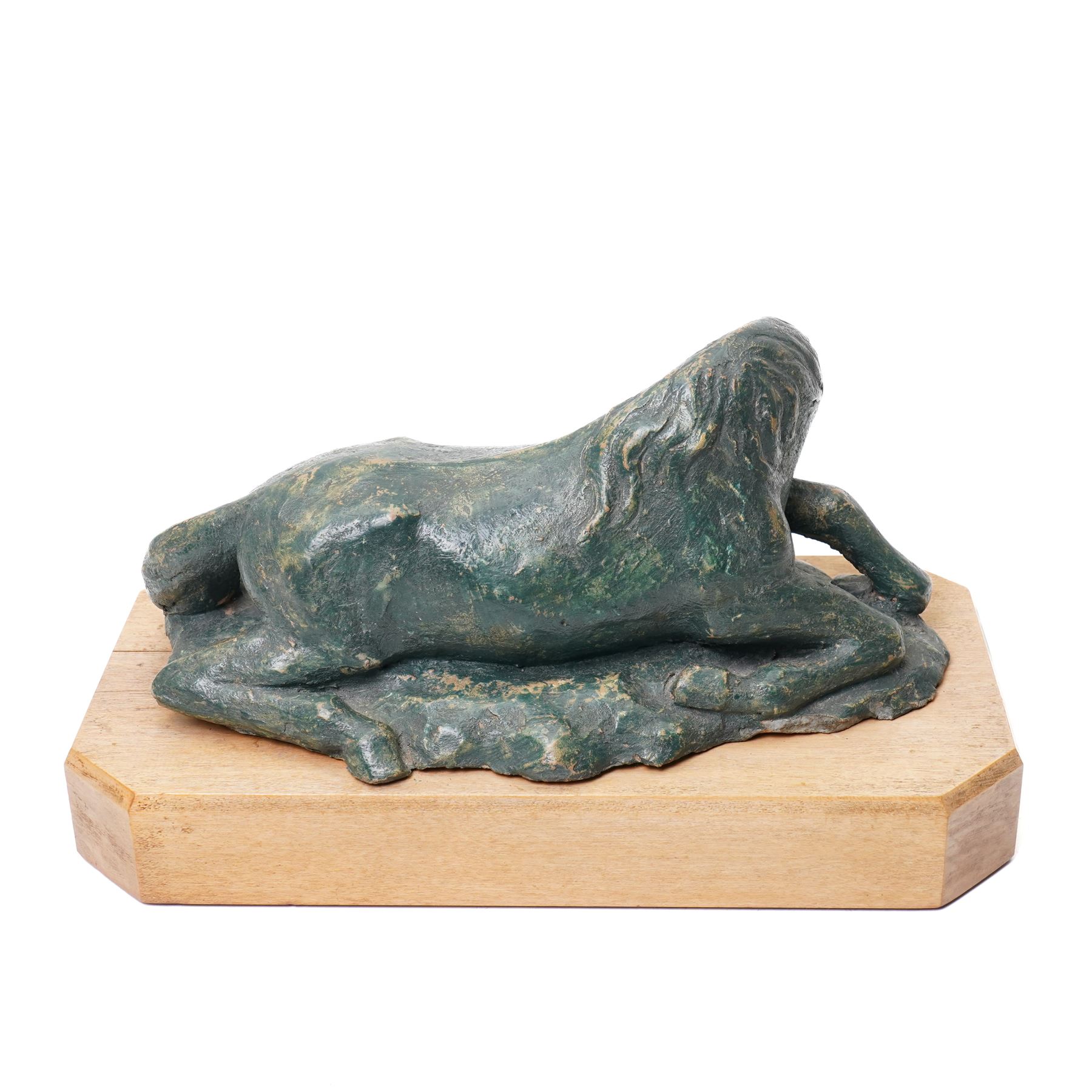 Mid-20th century painted terracotta figure of a recumbent horse, including wooden plinth W31cm