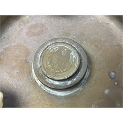 Four post-WW2 'silver' medallions of Adolf Hitler/German interest, two depicting Von Hindenburg also; and pair of 1960s trench art shell case bases as ashtrays mounted with Libyan Five Milliemes coins as cigarette rests (6)