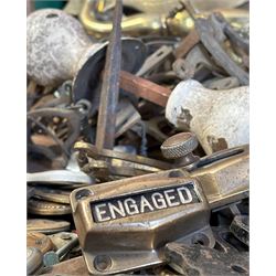 Three boxes of mixed vintage hardware and accessories, to include early 20th century gilt brass beehive curtain pole finials, curtain pole rings, door handles, escutcheons, letter box door knockers, Victorian glass drawer pulls etc.  - COLLECTION BY APPOINTMENT FROM: The White House, Thirsk Road, Easingwold, York, YO61 3NF - CALL 01723 507111 TO ARRANGE