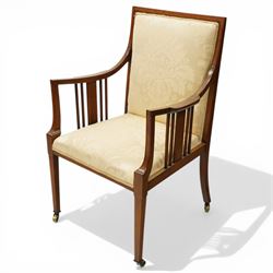 Arts & Crafts period inlaid mahogany framed armchair, swept arms with satinwood-strung sup...