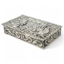 Spanish rectangular silver box, the hinged cover embossed with a hunting scene 9.5cm x 6cm 915 fineness mark and a silver decanter label 'Brandy'