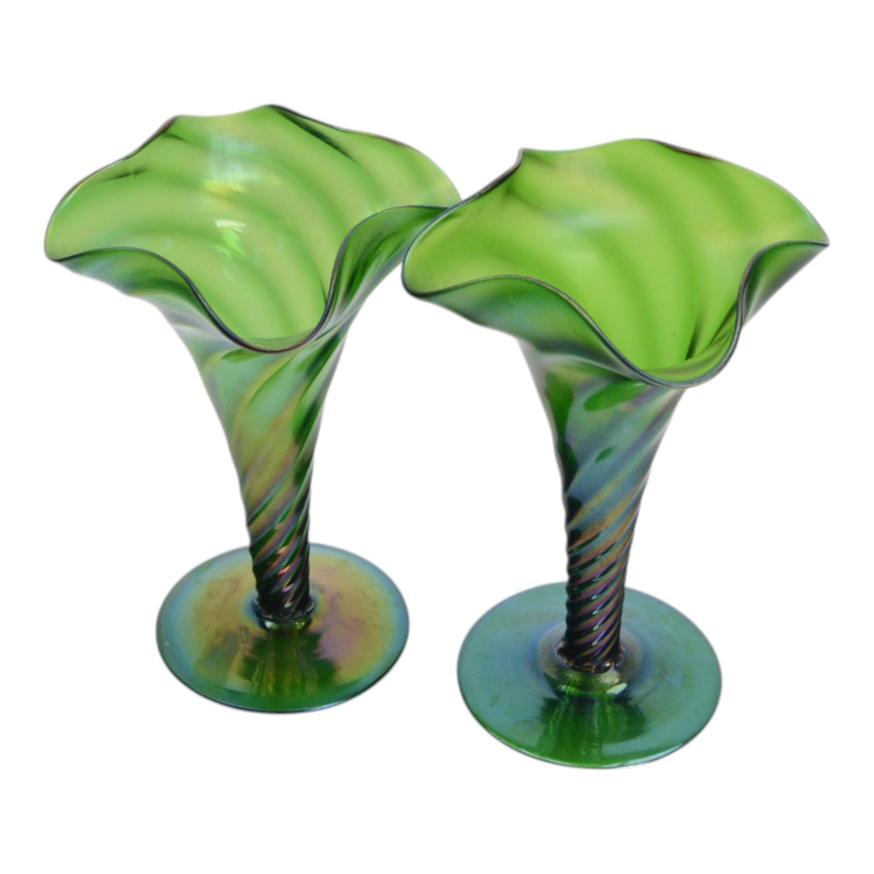 Near pair of art nouveau green iridescent glass vases with twisted stem and fluted rim, H15cm