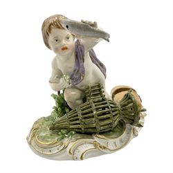 Continental Meissen style figure of a putti fisher boy, in a kneeling pose with fishing trap holding a fish aloft, with spurious mark beneath, H9cm