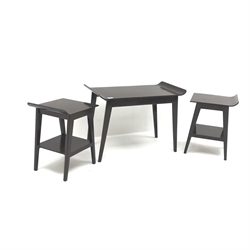  Pair Danish design lamp tables, shaped top, outsplayed tapering supports joined by an undertier (W34cm, H46cm, D31cm) and matching coffee table (W69cm, H50cm D38cm) (3)  