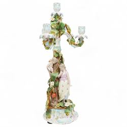 Sitzendorf four branch candelabrum, the column formed as a tree with figures H53cm and Sitzendorf mirror, H22cm; together with a similar mantle ornament 