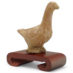 Chinese Tang Dynasty small carved terracotta figure of a goose, c.618AD-907AD, on scrolled red hardwood stand, H8cm 