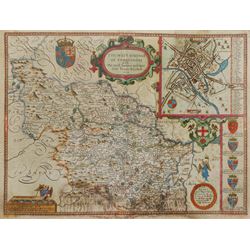 John Speed (British 1552-1629): 'The West Ridinge of Yorkeshyre' [sic] - West Yorkshire, engraved map with later hand-colouring pub. John Sudbury and George Humble, London 1610 [1611], window verso showing pages 79-80, 41cm x 54cm