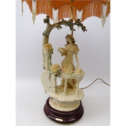  Large Florence Giuseppe Armani table lamp, modelled as a lady collecting flowers from a balcony, with beaded and fringed shade (H85cm including shade)  