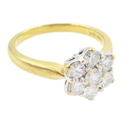 18ct gold seven stone round brilliant cut diamond flower head cluster ring, hallmarked, total diamond weight 1.00 carat