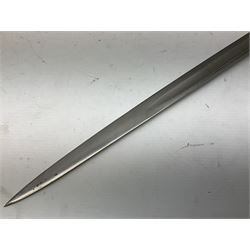 Victorian Senior NCO government issue dress sword, with slightly curving plain 82cm single fullered steel blade, triple bar hilt and wire-bound fish skin grip, in leather scabbard L100cm overall