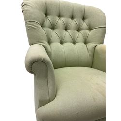 Buttoned back armchair, on turned front supports 