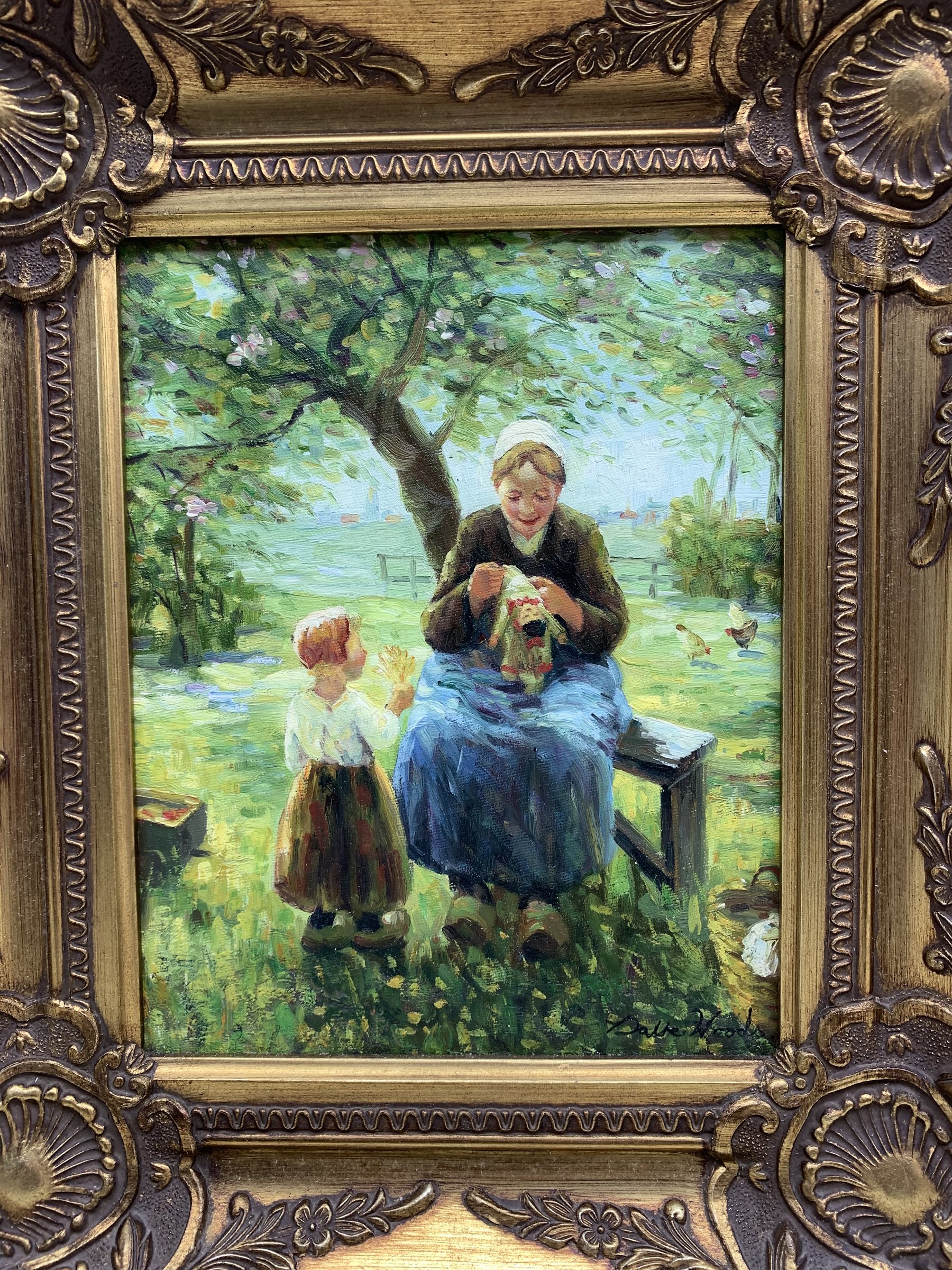 Dutch School (Late 20th century): Mothers and Children, pair oils on board indistinctly signed 24cm x 19cm (2) 
