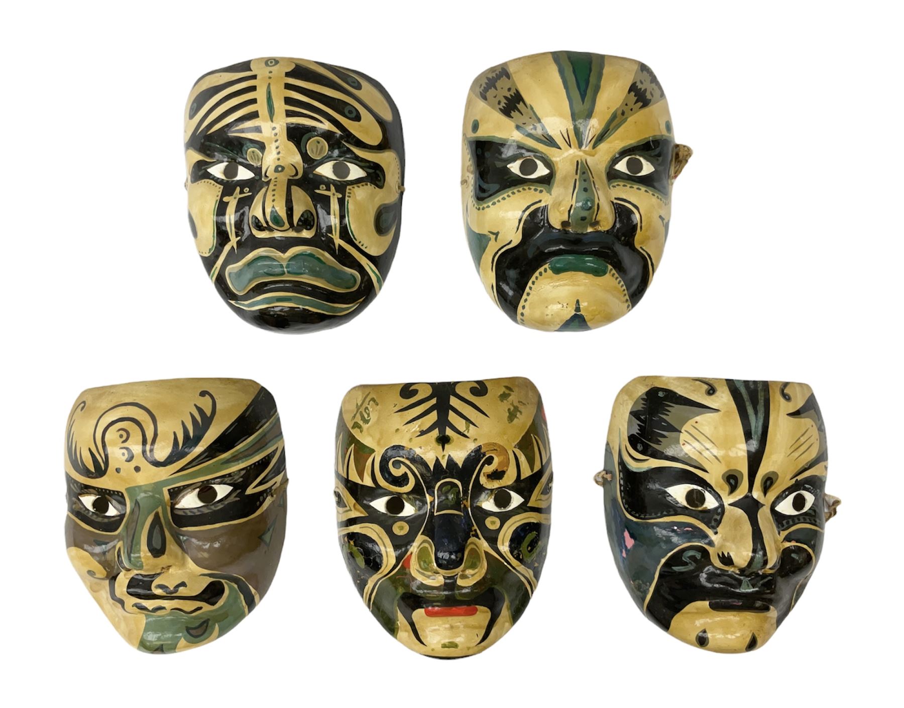 Five Japanese theatre / opera masks, the papier-mâché traditionally painted in the Noh Kabuki style, L18cm