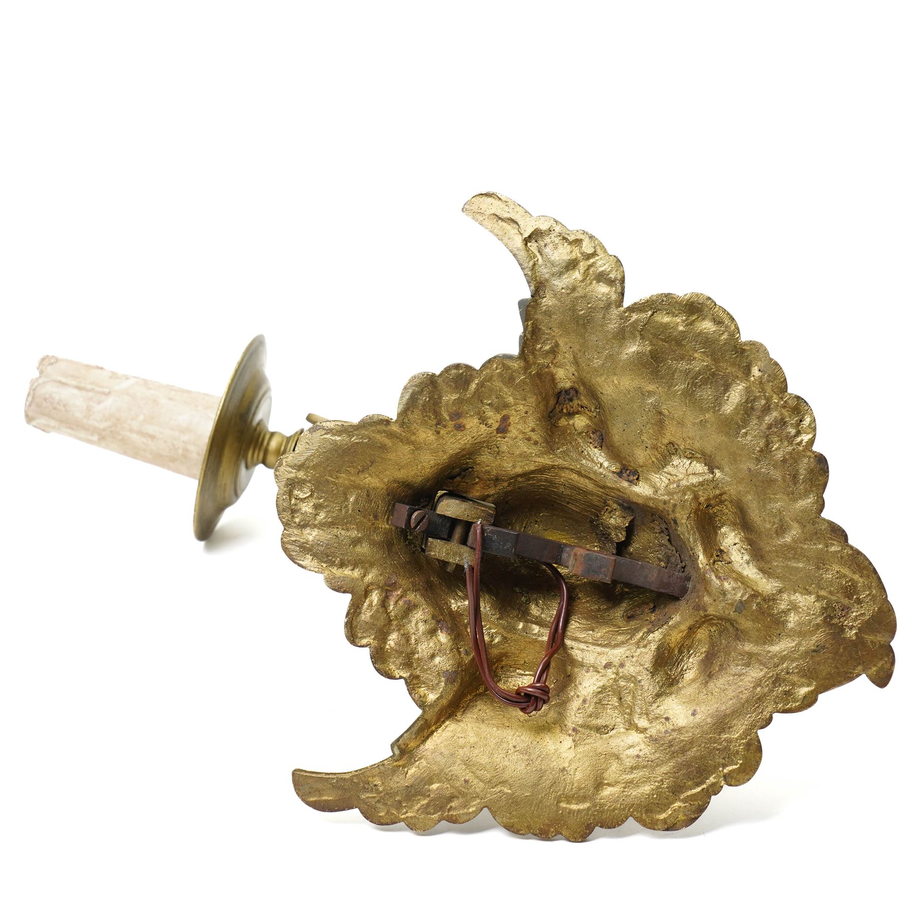 Pair of rococo style continental gilt bronze figural wall lights, modelled with winged putti figures, projection 37cm