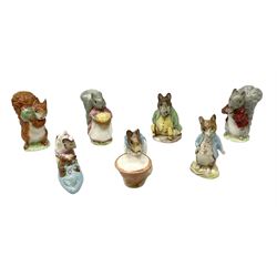 Seven Beswick Beatrix Potter figures, comprising, The old woman who lived in a shoe, Anna Maria, Samuel Whiskers, Johnny Town-Mouse, Timmy Tiptoes, Goody Tiptoes and Squirrel Nutkin, all with printed mark beneath 