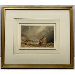 Henry Barlow Carter (British 1804-1868): Fishing Boat returning to Scarborough Harbour, watercolour with scratching out unsigned 16cm x 24cm
Provenance: with Walker Galleries, Harrogate, label verso