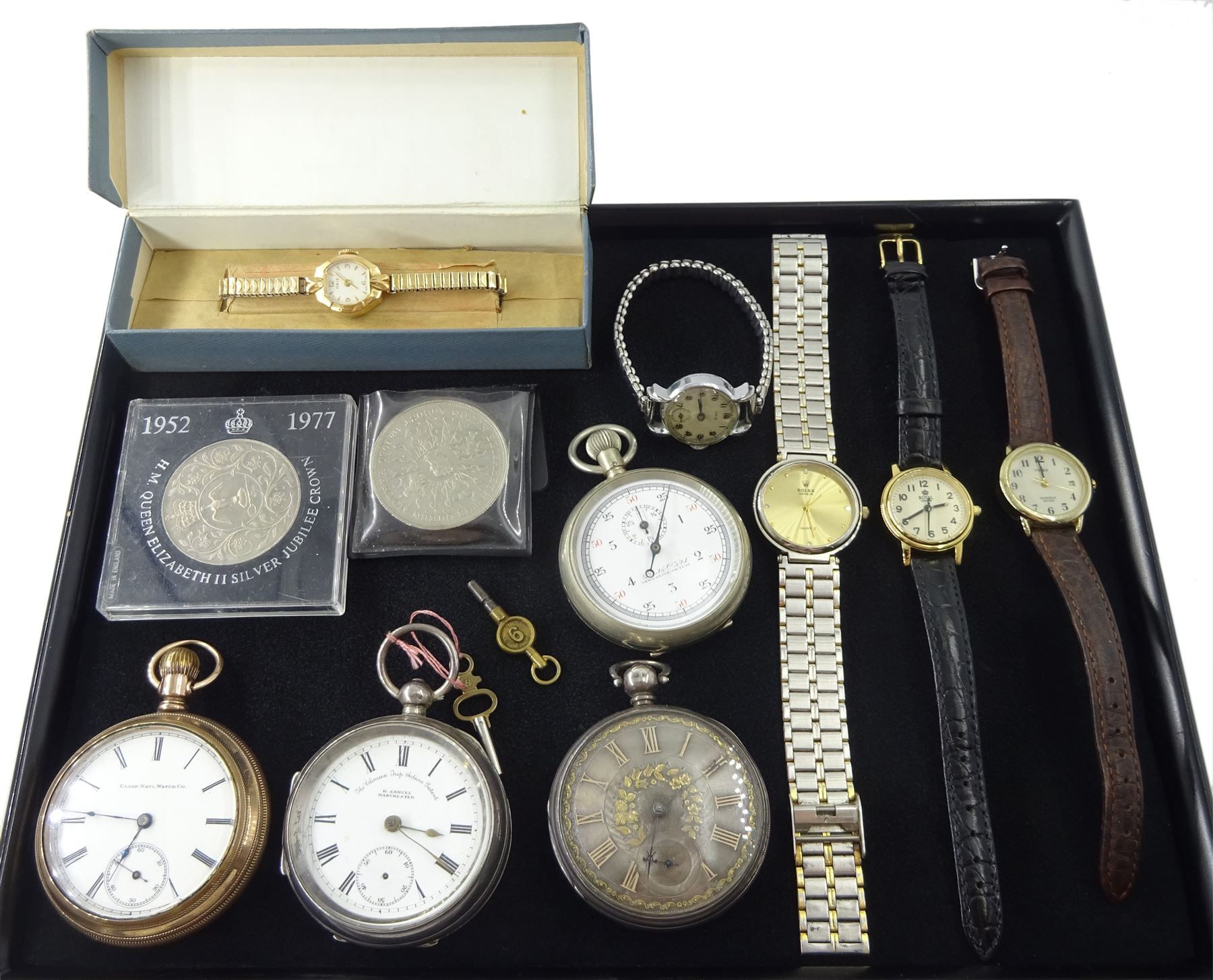 Victorian silver open face lever fusee pocket watch, N. 7973, silver dial with subsidiary seconds hand, London 1965, Elgin National Watch Company gold-plated pocket watch No. 3044245, silver H.Samuel 'The Climax Trip Action Patent pocket watch, one other pocket watch and a collection of wristwatches