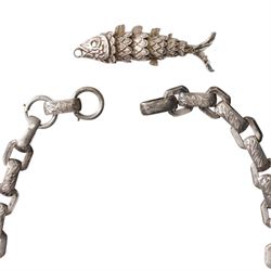 Victorian silver book chain necklace with alternate engraved links, articulated fish pendant, London 1977 and a silver cheroot holder by Alfred Dunhill, Birmingham 1954