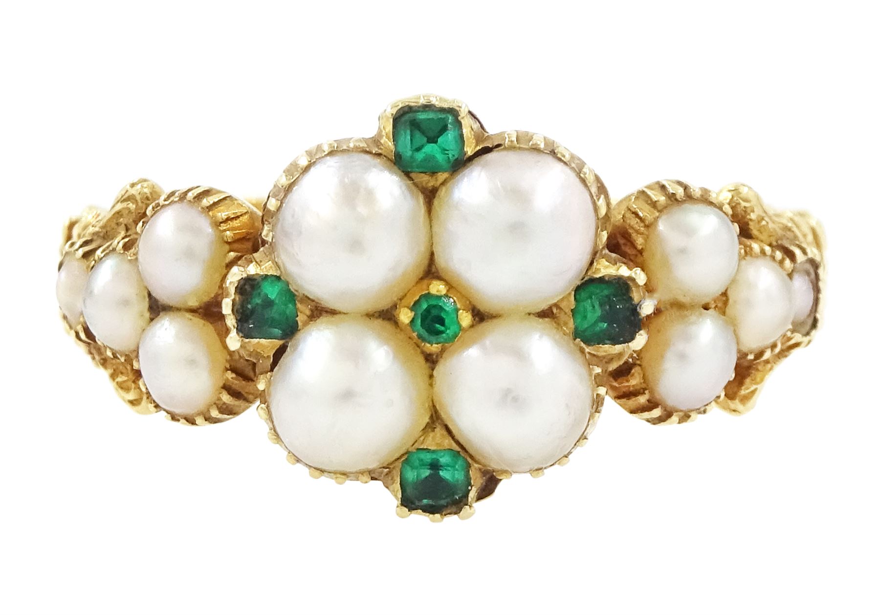 19th / early 20th century 18ct gold emerald and pearl flower head cluster ring, with pearl set shoulders and engraved foliate shank