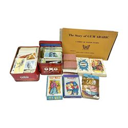 PG Tips cards and other collectors cards, in two OXO tins, card games, stamp collectors albums