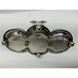 Sheffield silver-plated cruet set, comprising mustard pot, open glass salt and pepper pot on stand, together with a collection of silver plated spoons