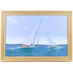 James Miller (British 1962-): 'The Lady Anne leads Mariquita around the Mark', oil on canvas signed, titled verso 50cm x 75cm