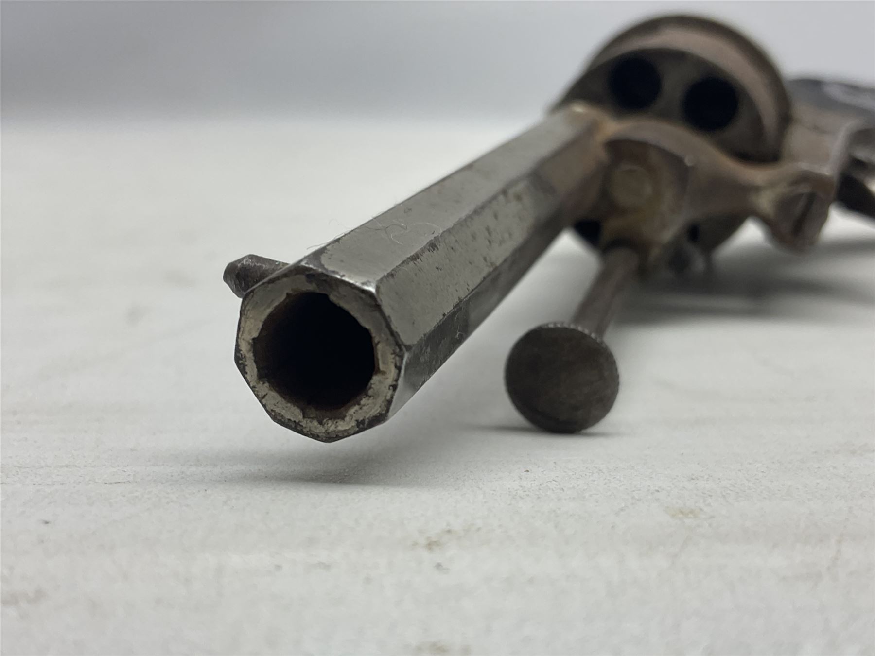 19th century Belgian 7mm pin-fire six-shot revolver with engraved action, folding trigger and ornate grips, ELG proof marks, No.4562 L20cm