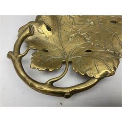 Late 19th/early 20th century twin handled brass centrepiece dish in the form of oak leaves, raised upon four legs, L37cm