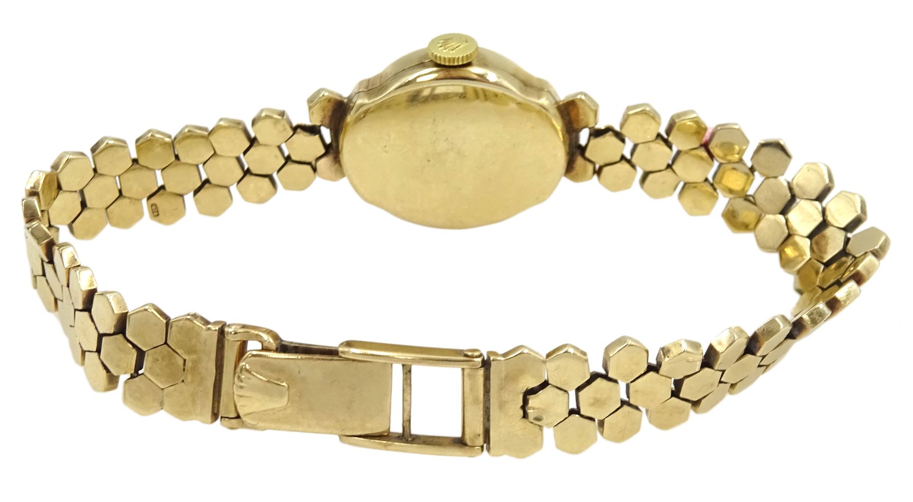 Rolex Precision 9ct gold ladies manual wind wristwatch, case No. 359099 and hallmarked Chester 1960, on three row hexagonal brick link bracelet, in original Rolex box 