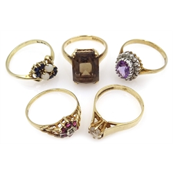  Amethyst and diamond cluster ring, smokey quartz ring and three others all hallmarked 9ct  