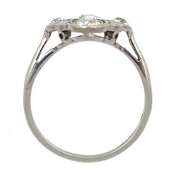 Art Deco 18ct gold and platinum five stone milgrain set old cut diamond openwork ring, stamped 18ct Pt, principal diamond approx 0.40 carat, total diamond weight approx 1.00 carat