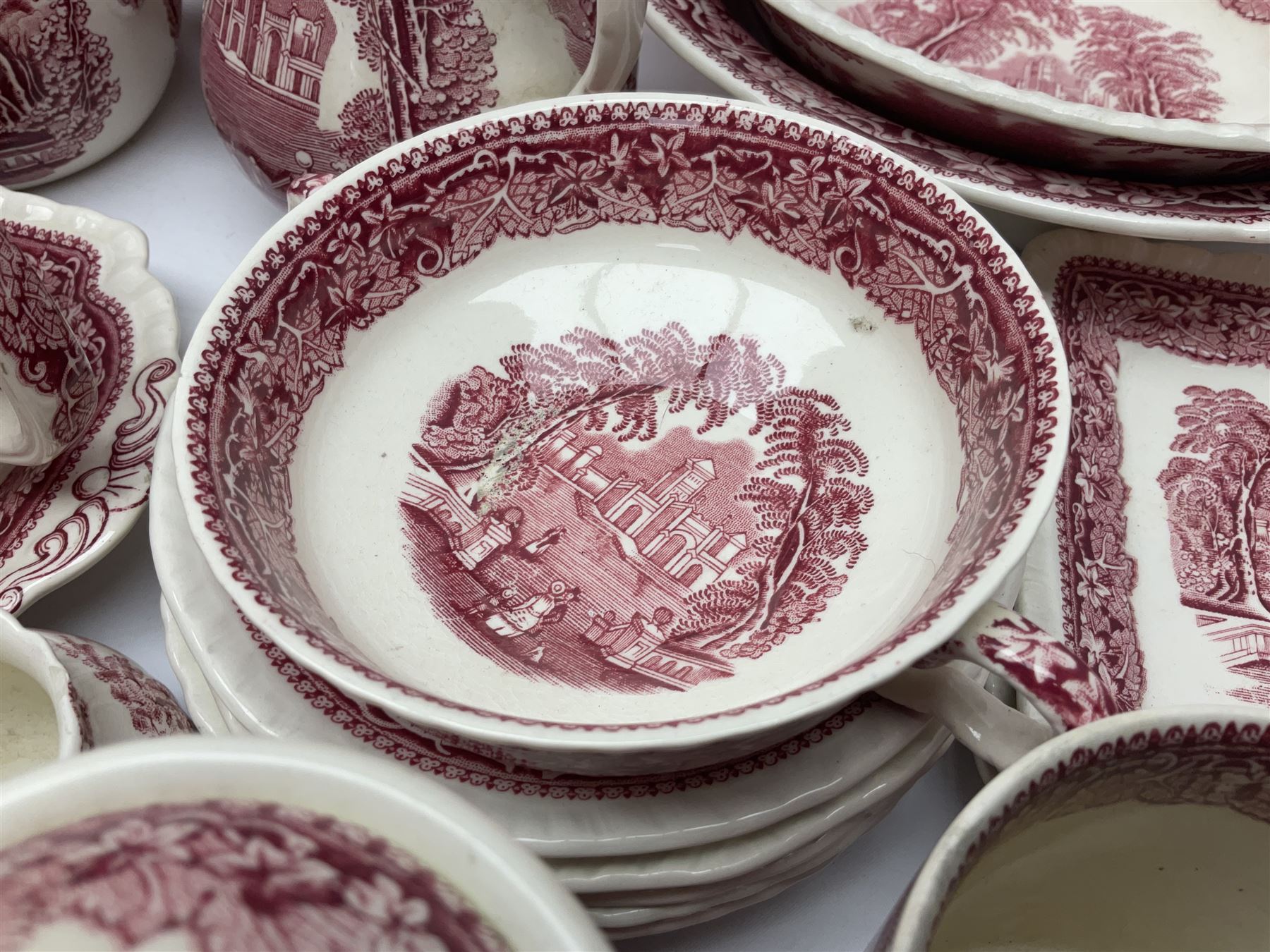 Masons Vista pattern ceramics, including coffee pot, sauce boat, twin handled jar and cover, teapots, mugs, etc 