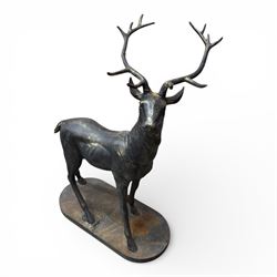Pair of life-size cast iron garden or home stags, modelled standing upon oval plinths