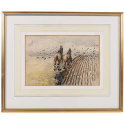 George Anderson Short (British 1856-1945): 'Plowing Up The Hill', mixed media signed titled and dated Feb '24, 18cm x 27cm