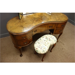  Mid 20th century figured walnut kidney shaped dressing table, three piece shaped mirror, five drawers on cabriole legs, upholstered stool, (W123cm, H73cm, D57cm) and matching four drawer chest (W74cm, H84cm, D50cm)  