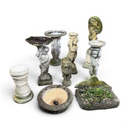 Collection of cast stone garden ornaments - three figure bird baths, figure on plinth, sea...