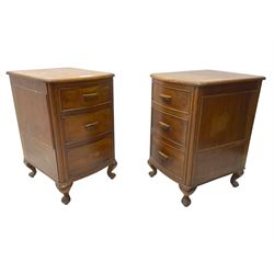  Pair of mid-20th century walnut bedside lamp chests, each fitted with three cock-beaded drawers, on cabriole feet 