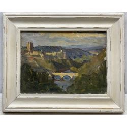 Sarah Madeleine Martineau (British 1872-1972): Richmond, oil on canvas board unsigned, inscribed in a later hand verso 24cm x 32cm  
Notes: Martineau was a successful Arts and Crafts jeweller. She attended Clapham Art School, and subsequently attended Westminster School of Art with her sister Lucy. By 1904 she was an established jewellery maker, and in 1906 she had had two pendants accepted for the Arts and Crafts Exhibition at the Grafton Galleries. By 1909 she was showing her jewellery at various galleries and exhibitions, including the Society of Women Artists and was featured in 'Studio' magazine for various achievements.