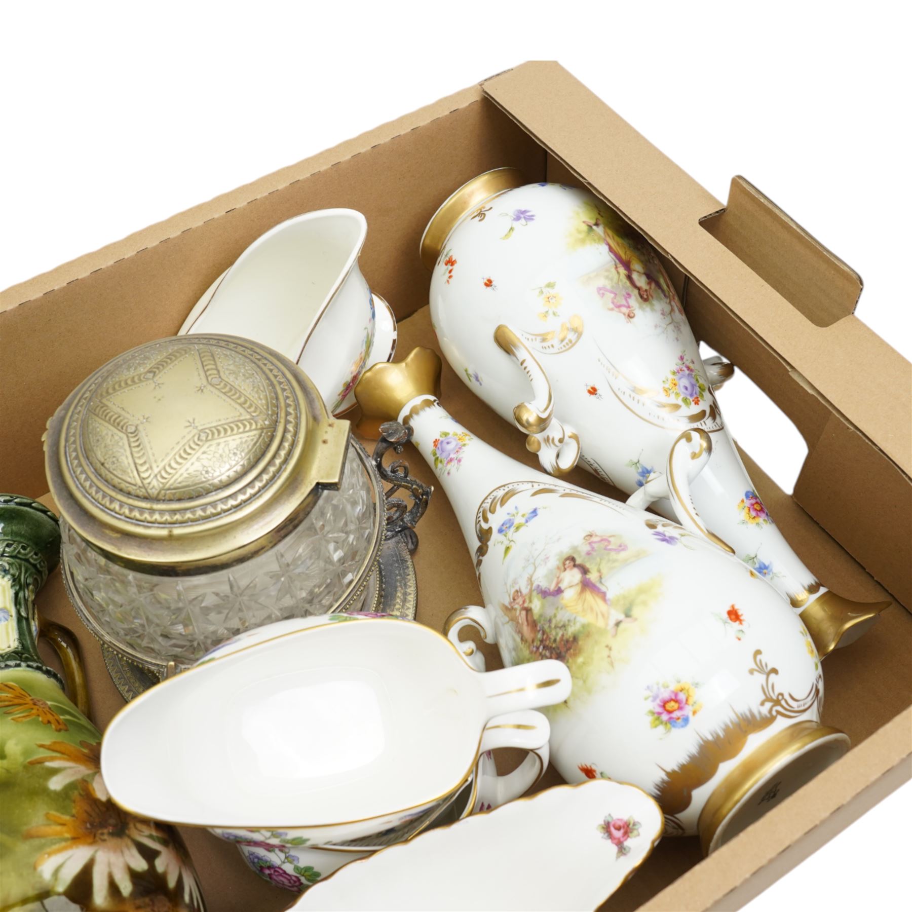 Pair of Sevres style vases with printed Classical scenes; pair of early 20th century floral painted vases, crystal biscuit barrel, sauceboats etc