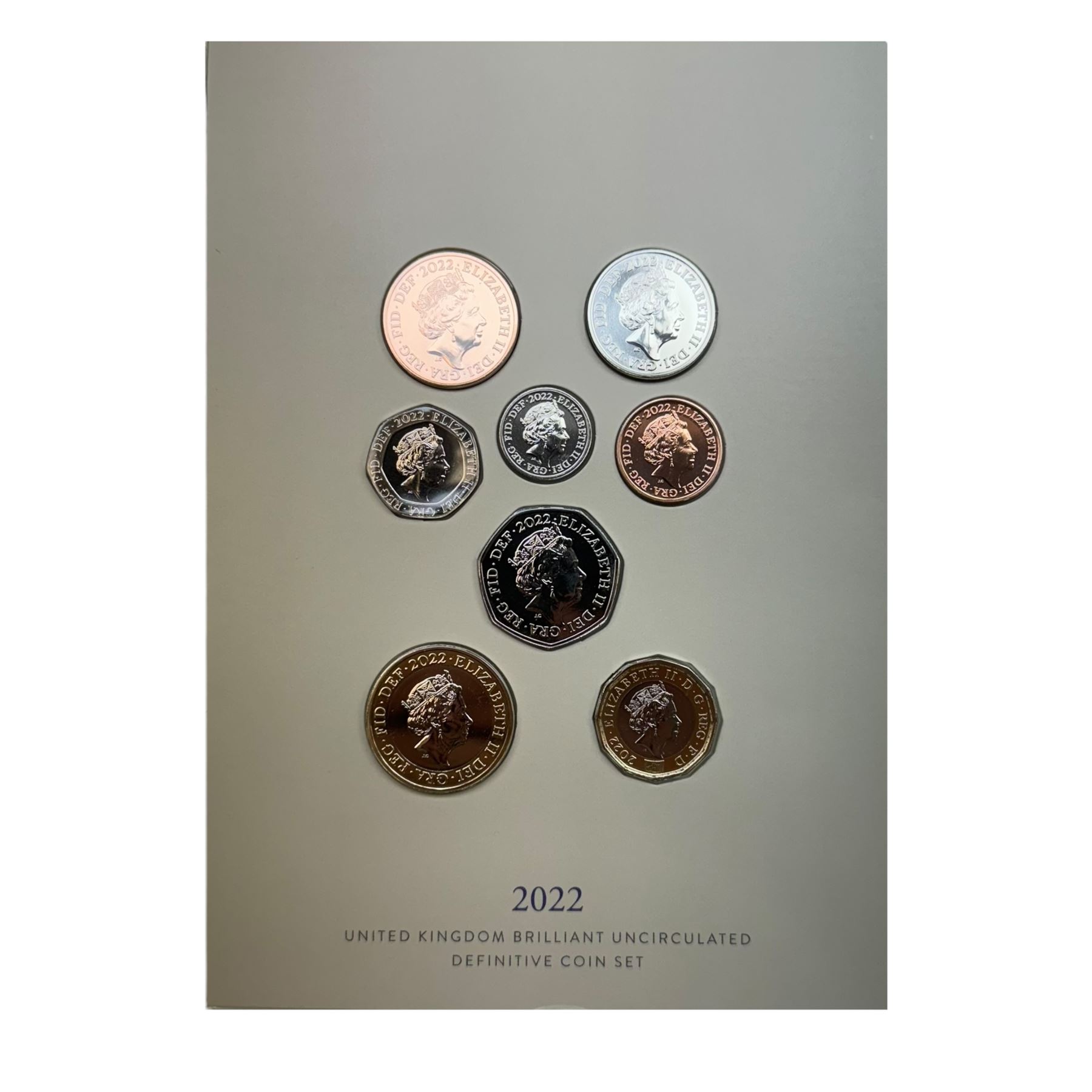 Seven The Royal Mint United Kingdom uncirculated coin sets, comprising  2008 'Emblems of Britain' seven coins, 2010 'A celebration of Britain' eight coins, 2014 'Definitive' eight coins, 2015 'The Fourth Circulating Coinage Portrait Final Edition' eight coins, 2022 'Definitive' eight coins, 2023 'King Charles III Definitives' eight coins and 2024 'Definitive' eight coins, all in card folders