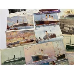 Sixty-five early 20th century postcards of passenger liners including White Star, Red Star, Atlantic Transport, Anchor, Cunard, Henderson, Booth, Union Castle, Holland America, Lamport & Holt, P. & O., New Zealand, Canadian Pacific, British India etc; and ten Edwardian postcards of Naval warships and officers (75)