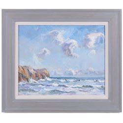 Christine M Pybus (British 1954-): 'Winter Surfing at Sandsend', oil on board signed 29cm x 36cm 