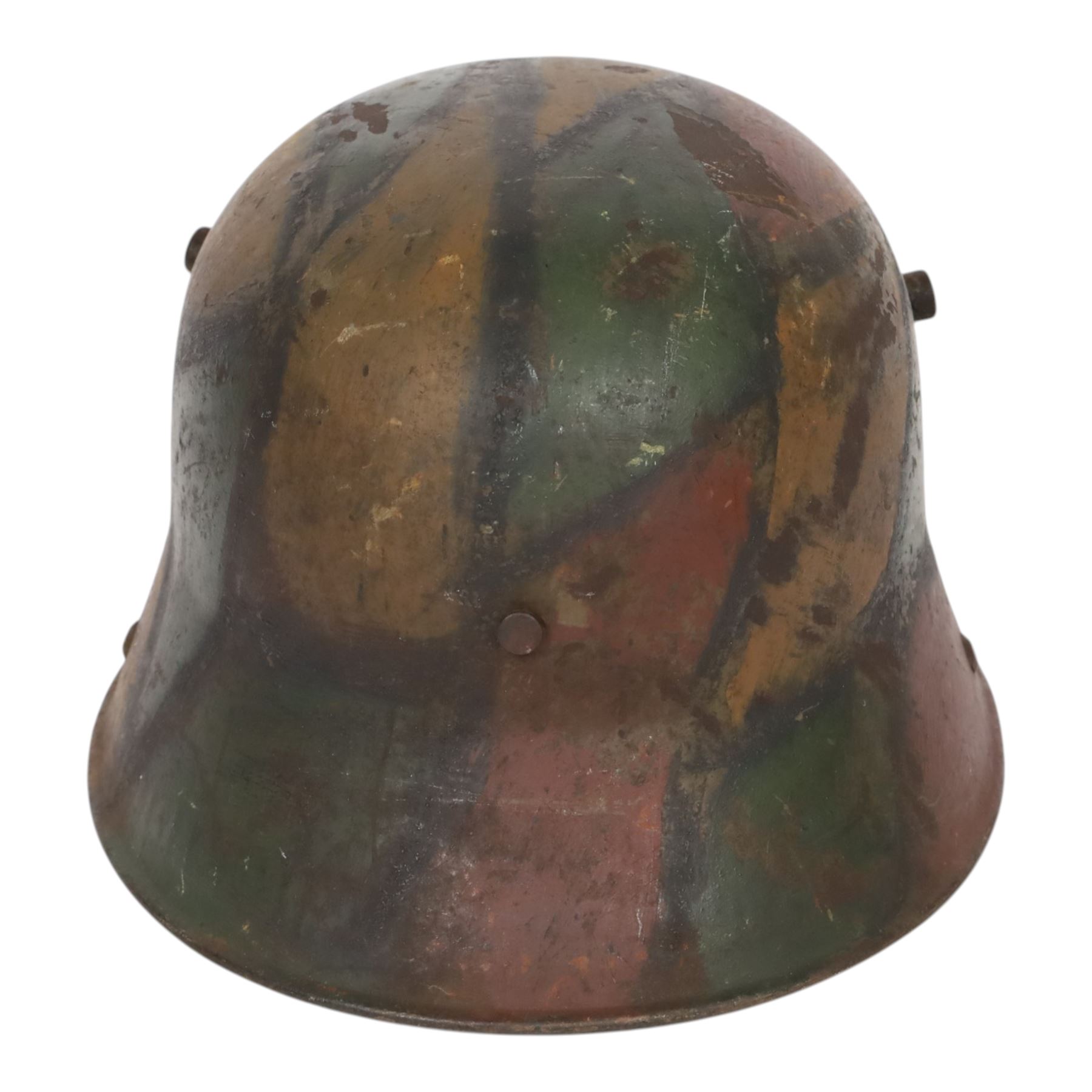 WWI German camouflage M16 helmet, with camouflage painted finish to the skull in green, brown and ochre colours with black separation lines