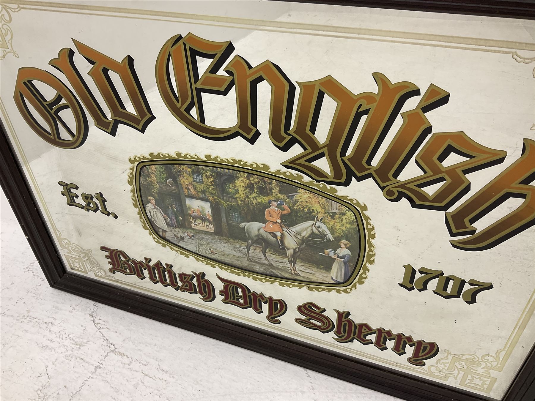 Old English British dry sherry advertising mirror, H64cm, L90