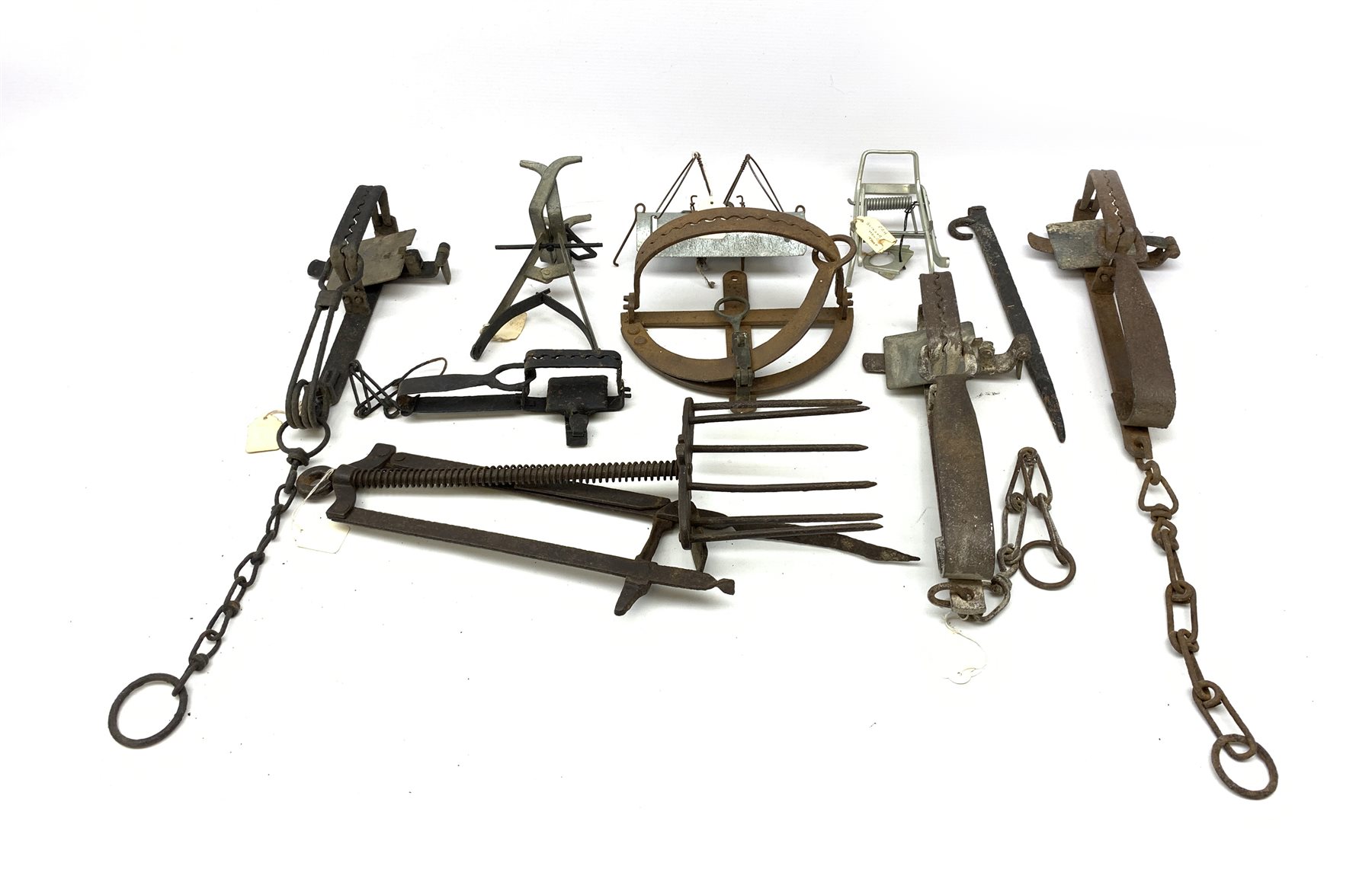 Nine animal traps including gin traps by E. Tinsley & Co, Lewis Angio Devon etc, various style mole traps by A. Fenn, Henry Lane, J. Duffus & Son etc. Auctioneer's Note: These traps are sold as artefacts for ornamental purposes only as the use of some of them is illegal.