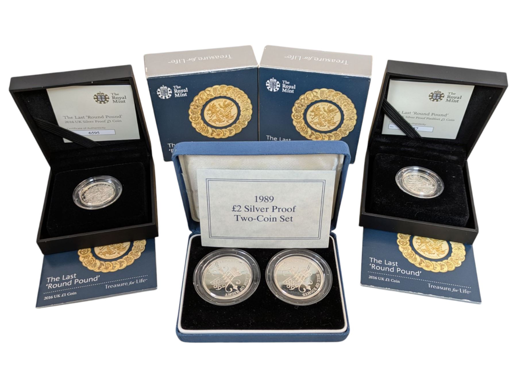 Three The Royal Mint United Kingdom silver proof coins or sets, comprising 1989 two pound coin two coin set with 'Tercentenary Of The Claim Of Rights' and 'Tercentenary Of The Bill Of Rights, 2016 'The Last Round Pound' and 2016 'The Last Round Pound' piedfort, all cased with certificates 