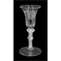 Late 18th/early 19th century drinking glass of possible Jacobite interest, the bell shaped bowl engraved with six petal rose, one open and one closed bud, and moth, upon a double series opaque twist double knopped stem and conical foot, H16cm