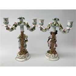 A pair of Continental two branch candlesticks, modelled with male figure and goat, and female fruit seller, the bases and candlestick branches encrusted with flowers, each H28cm.